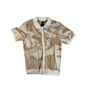 Buffalo David Bitton Wyneson Mens Knit Polo Shirt L/G Beige Abstract Button Up